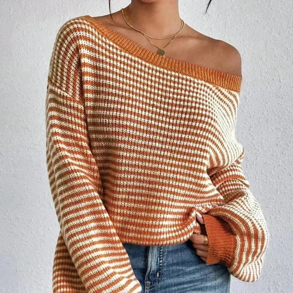 Orange Casual Women's Contrast Striped Print Off-Shoulder Long Sleeve Sweater - Picture 6 of 7